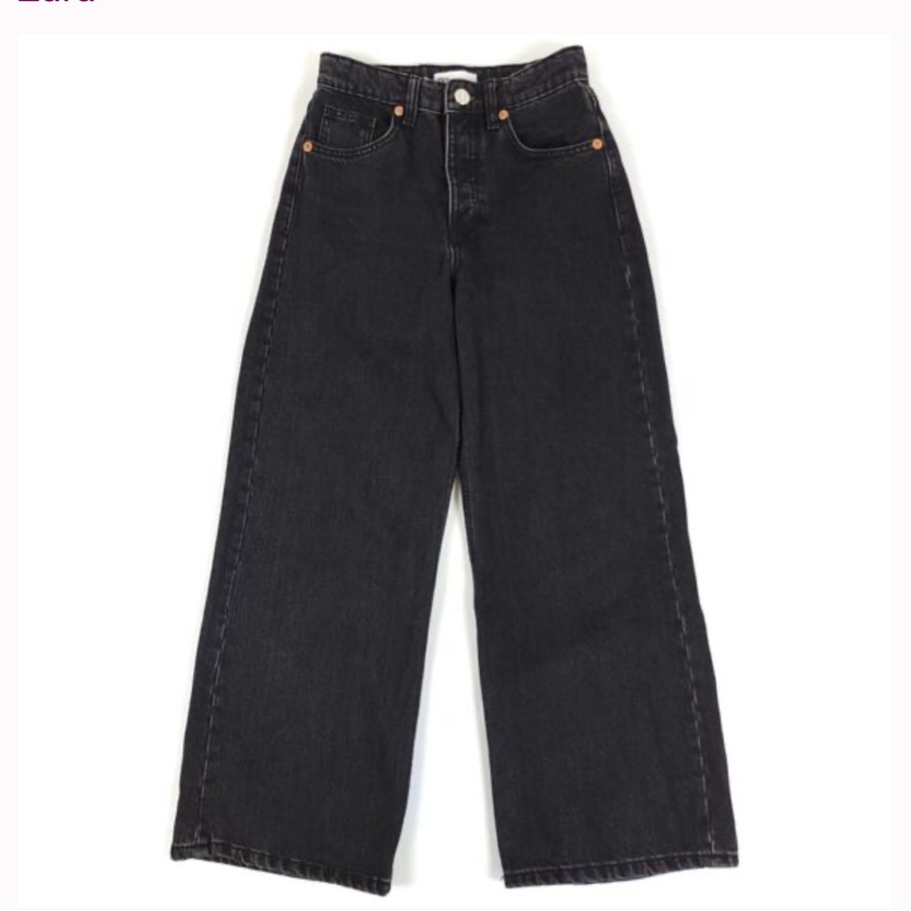 Zara black wide leg hi rise ankle cropped jeans